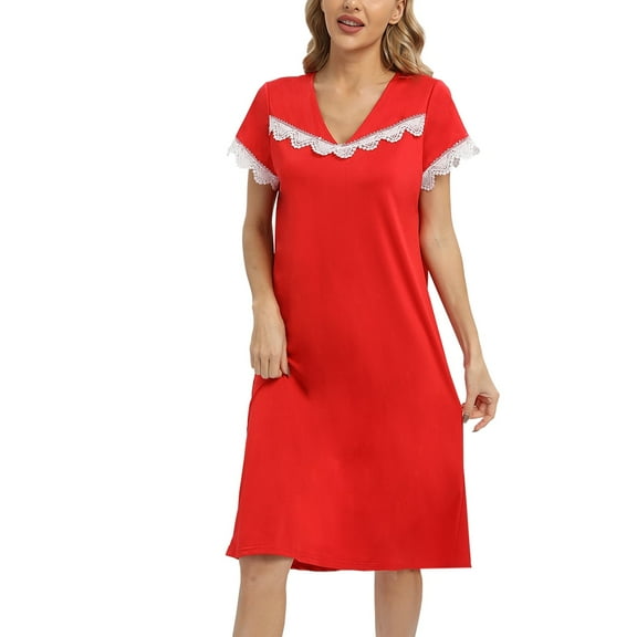 Baywell Women's Short Sleeve Nightgown Lace Trim V Neck Nightshirt Vintage Style Casual Lounge Dress S-2XL