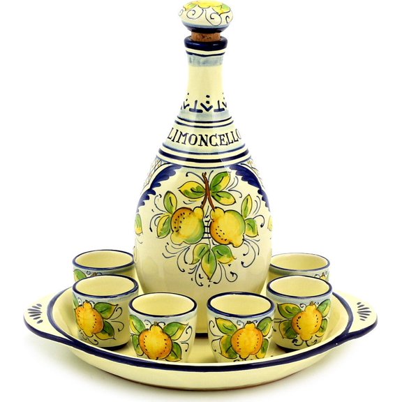 Limoncello Set Bottle Blue Trimmings Ceramic