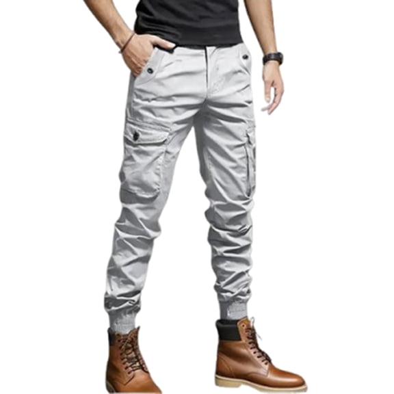 Mens Cargo Joggers Stretch Casual Sweatpants Elastic Waist Drawstring Tapered Pants for Men Hiking Pants with Multi Pockets Light Gray M