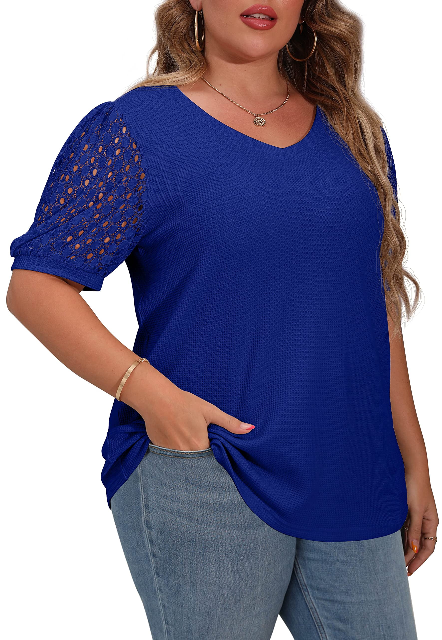  Plus Size Tops For Women Lace Sleeve Blouse Waffle Knit Long  Sleeve Shirts Royal Blue-2X