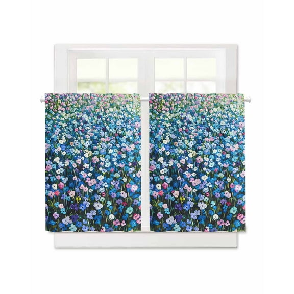 Spring Pink Blue Floral Short Blackout Curtains 36 Inch Long Pastoral Oil Painting Rod Pocket Kitchen Curtains, 2 Panels Thermal Insulated Room Darkening Drapes for Bedroom, 30"W x 36"L