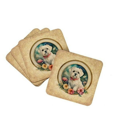 

Maltese and Flowers Foam Coaster Set of 4 3.5 in x 3.5 in
