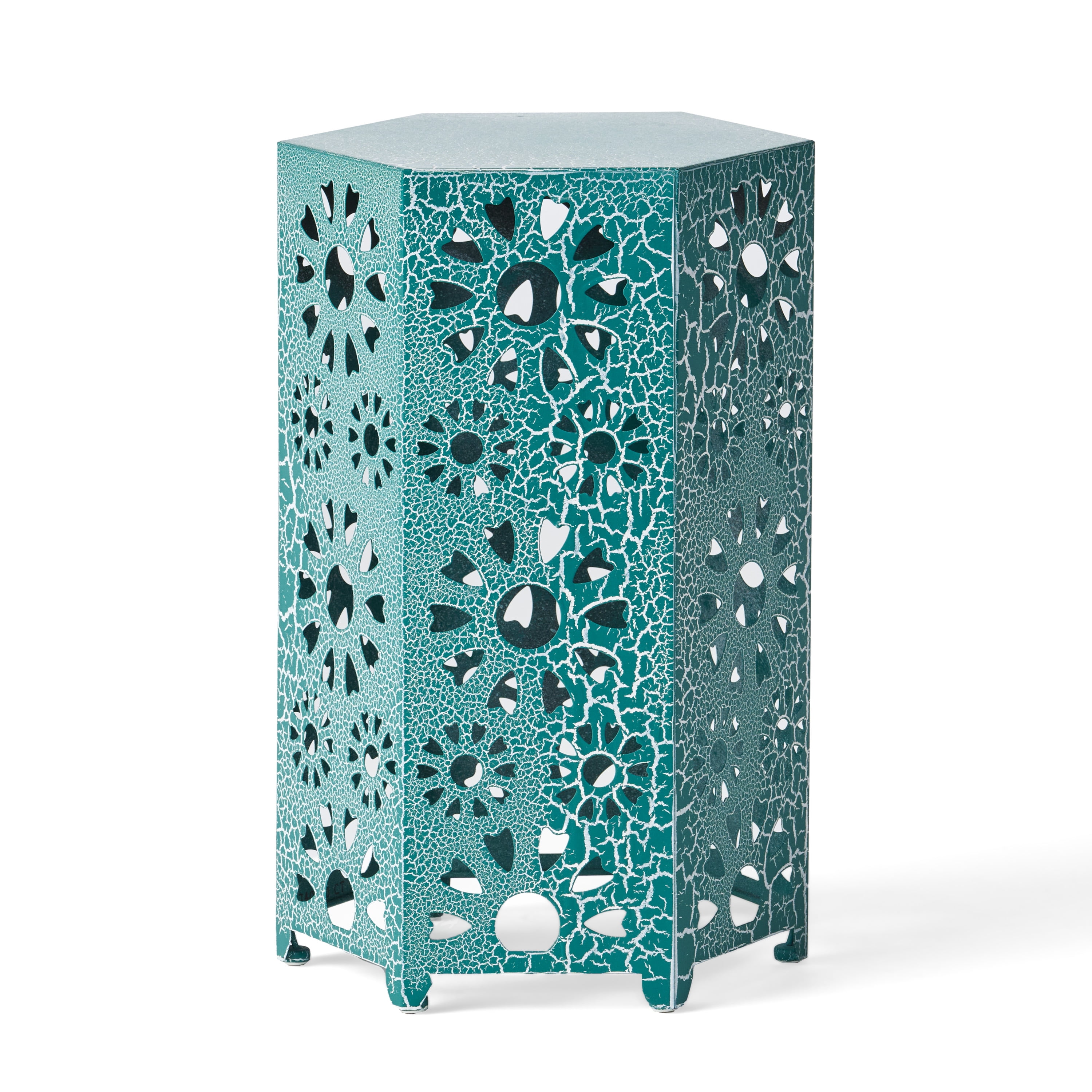 Outdoor Sunburst Hollow Out Side Table 14 Inch, Decor Metal End Table for Patio Garden, Crackle Teal