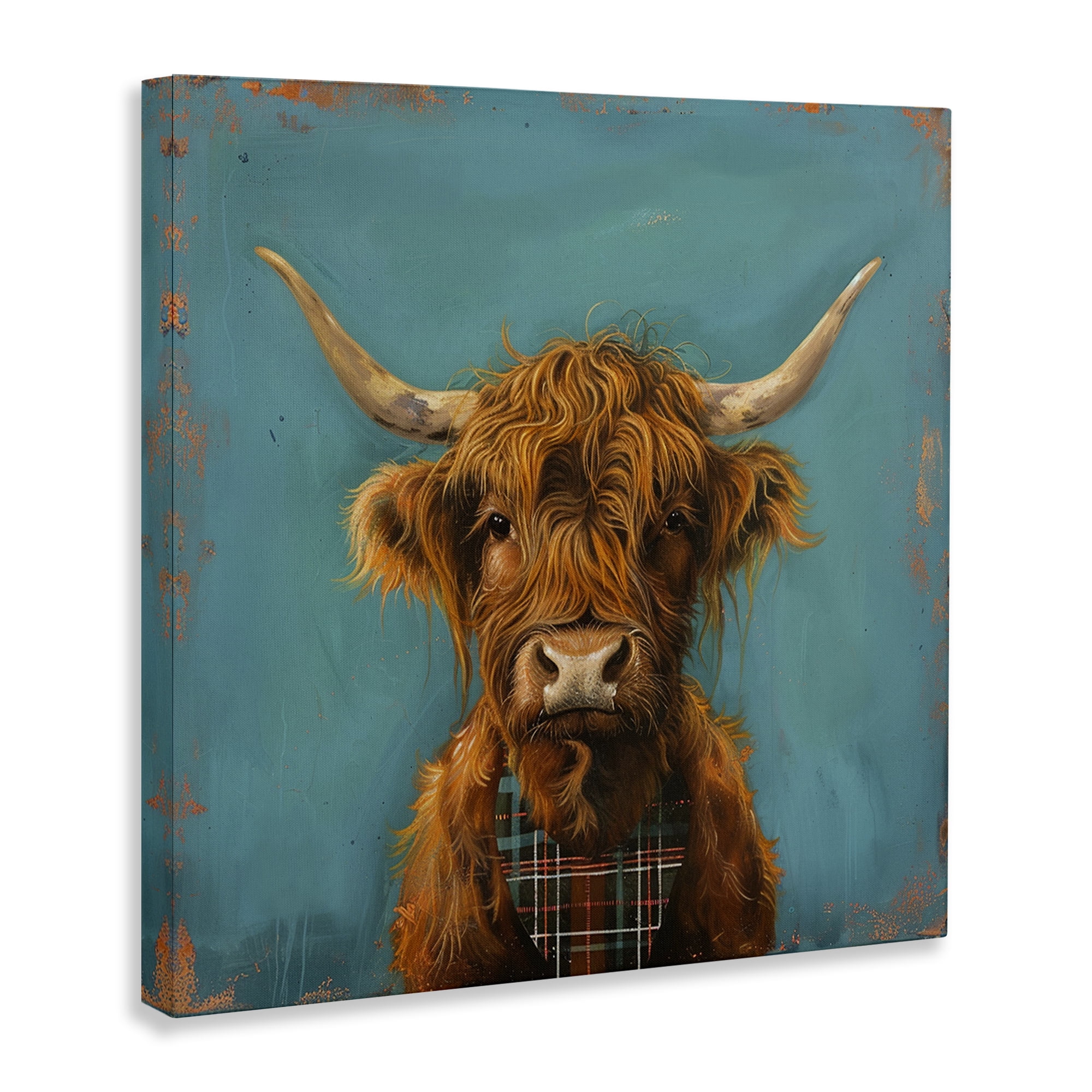 Stupell Industries Highland Cow on Blue Animals Painting Wrapped Canvas Art Print Wall Art, 24 x 24