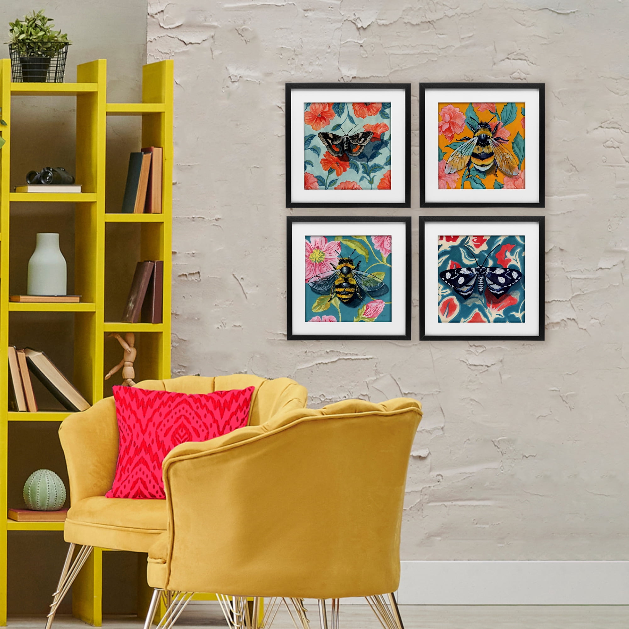 Stupell Industries Insects on Flower Patterns 4 Piece Black Framed Print Under Glass Set, design by Kate Jarvik Birch