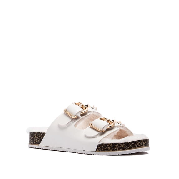 Qupid 2-Band Faux Fur Footbed Slide Sandal