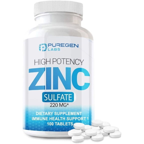 Puregen Labs Zinc Sulfate Supplement High Potency 220mg for Immune System Support 100 Tablets