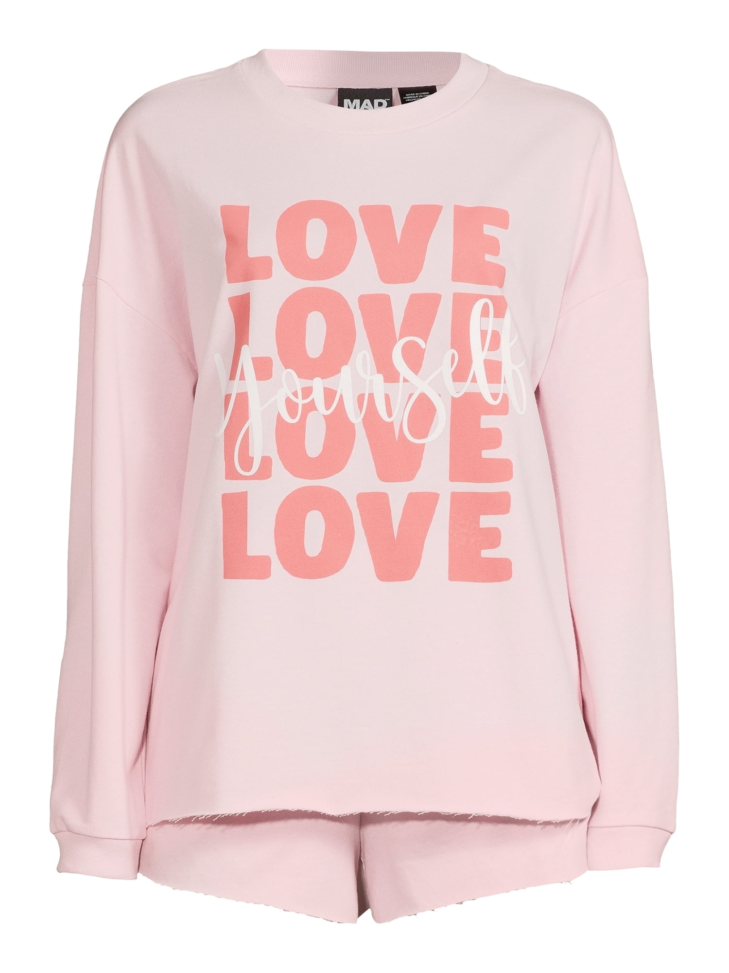 Love Yourself Juniors Drop Shoulder Crew & Sleep Shorts, 2-Piece Set