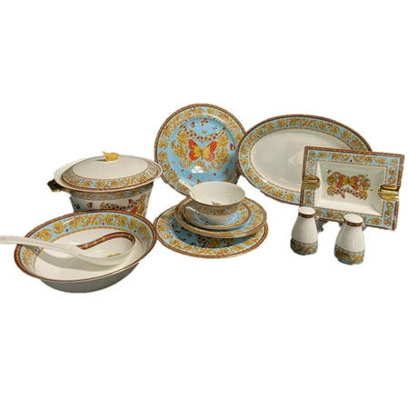 Tableware set for 6 people, 6 pieces 10.5-inch dinner plates, 6 pieces 8-inch dessert plates, 6 pieces 6.5-inch butter plates, 6 pieces 9-inch soup bowls, 6 pieces 4.5-inch fruit bowls