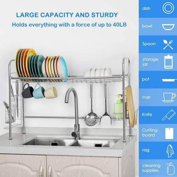 MMZP Over The Sink Dish Drying Rack,Single-Tier 304 Stainless Steel Dish Rack with Chopsticks Storage Basket-Silver