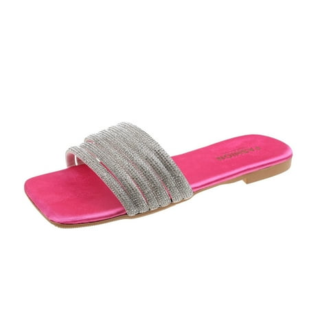 

Fashion Summer Women Slippers Rhinestone Strap Flat Open Toe Solid color Casual Women slipper PU Hot Pink