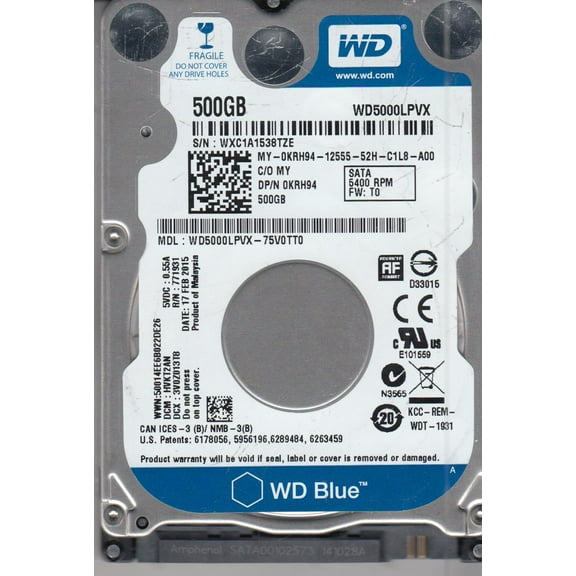 WD5000LPVX-75V0TT0, DCM HVKT2AN, Western Digital 500GB SATA 2.5 Hard Drive