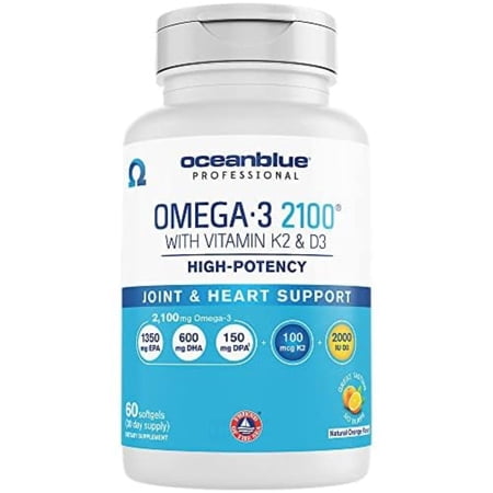 Oceanblue Professional Omega-3 2100 with Vitamin K2 and Vitamin D3-60 Count - Triple Strength Burpless Fish Oil Omega-3 Supplement with EPA  DHA & DPA - Wild Caught - Orange Flavor  30 Servings