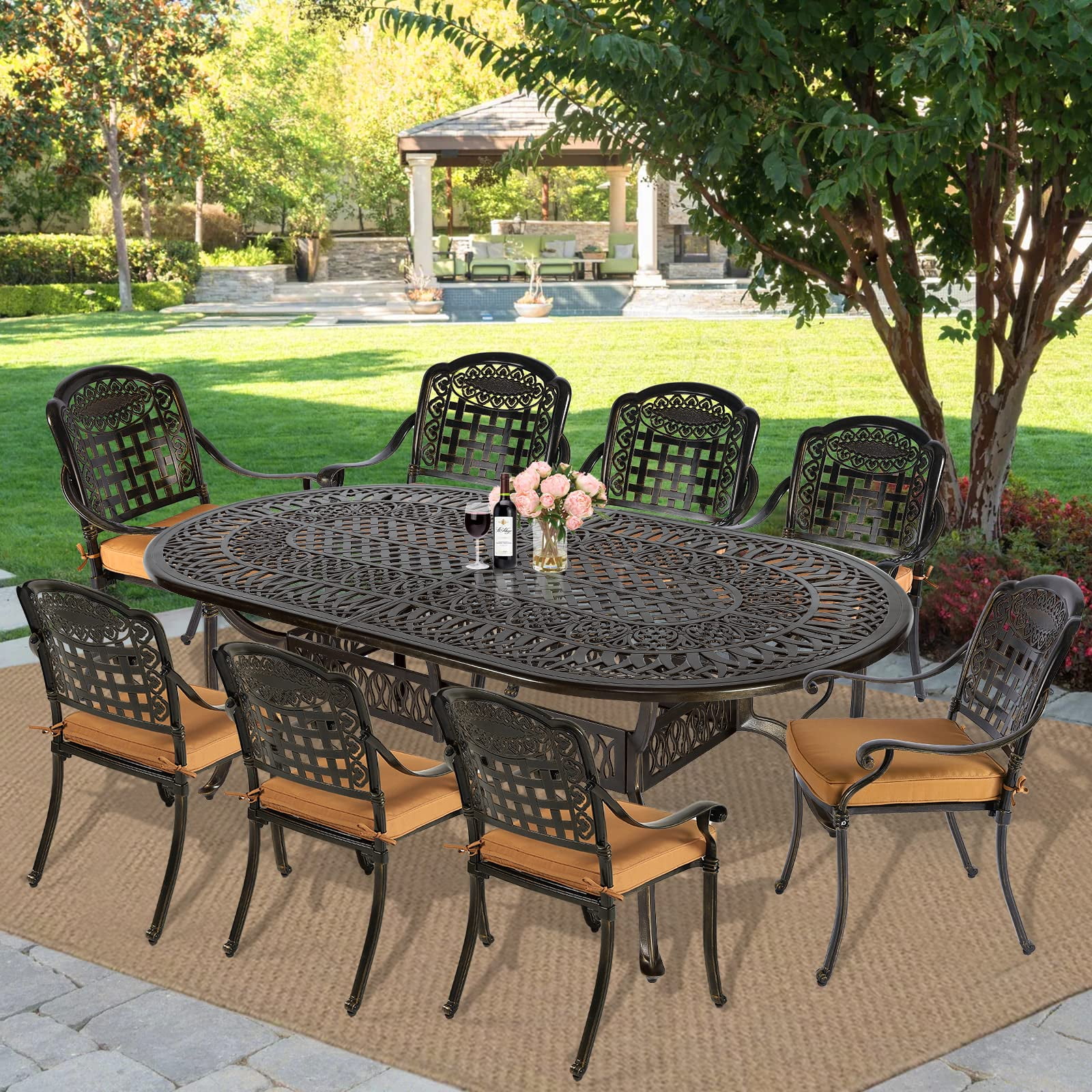 MEETWARM 9-Piece Outdoor Furniture Dining Set, All Weather Cast Aluminum Patio Garden Set with 8 Chairs, 8 Cushions, 1 Oval Table, 2.2" Umbrella Hole, Dark Bronze