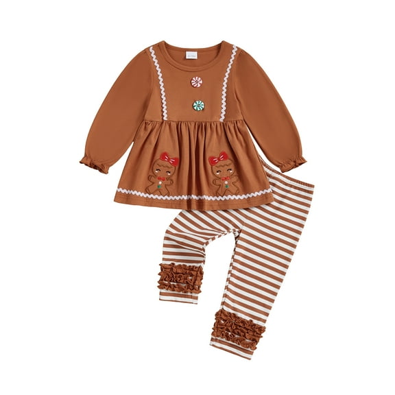 Spewahor Toddler Baby Girls Christmas Fall Outfit 6 12 18 24 Months 2T 3T 4T Long Sleeve Gingerbread Man T-shirt with Striped Pants Clothing Set Fall Outfit
