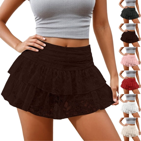 Mini Skirts for Women Y2K Lace High Waisted Short Skirts Breathable Comfy Ruffled Tiered Flowy Underskirt Going Out Ruched A-Line Skorts Womens Skirts Beige L