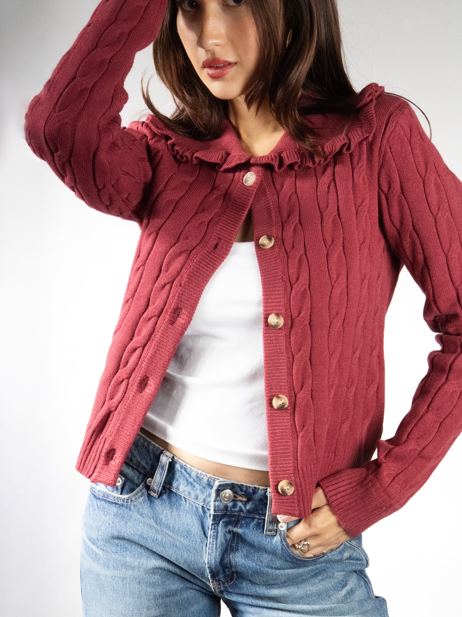 DARING DIVA Women's Elegant Ruffle Collar Cardigan XS Red