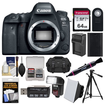 Canon EOS 6D Mark II Wi-Fi Digital SLR Camera Body with 64GB Card + Case + Flash + Battery + Charger + Tripod + Remote