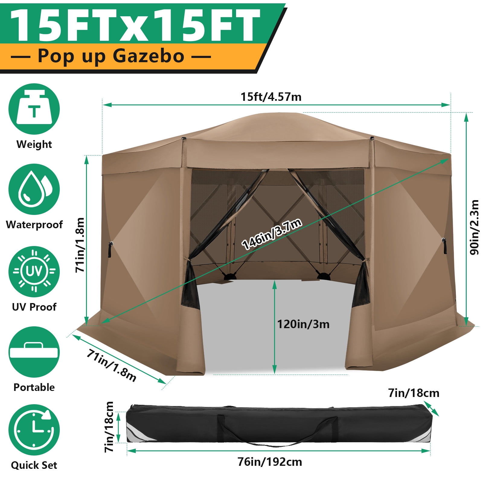 SANOPY 15'x15' Pop up Gazebo 8-Sided Outdoor Screen Gazebo with Netting & Sidewalls Camping Gazebo Instant Shelter Glamping Tent w/ Carrying Bag for Backyard Garden, Khaki