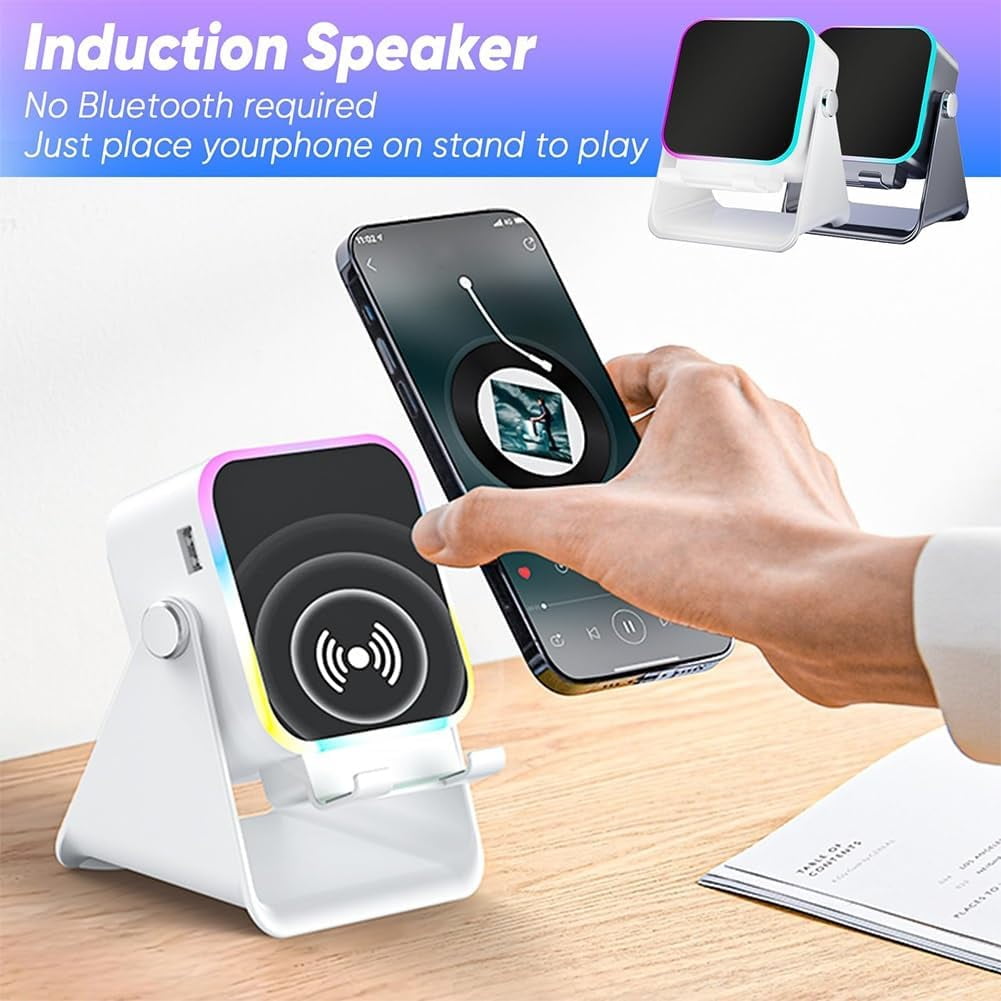 5-in-1 Wireless Induction Bluetooth Speaker with Adjustable Phone Stand, Ambient Light, Rechargeable Speakers Amplifier for iPhone, Home Mini Portable Holder Desktop, (Black*1)