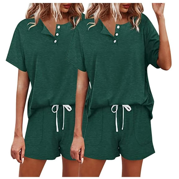 Virmaxy Summer Sleepwear Set for Women 2PC Short Sleeve Button Front Top and Star Print Shorts Pajamas Loungewear Set Army Green-1 L