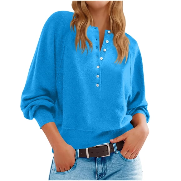 Long Sweaters for Women Women's Fashion Round Neck Button Long Sleeved Solid Tops Pullover Sweater Trendy and Cozy Winter Apparel Winter Sweaters for Women