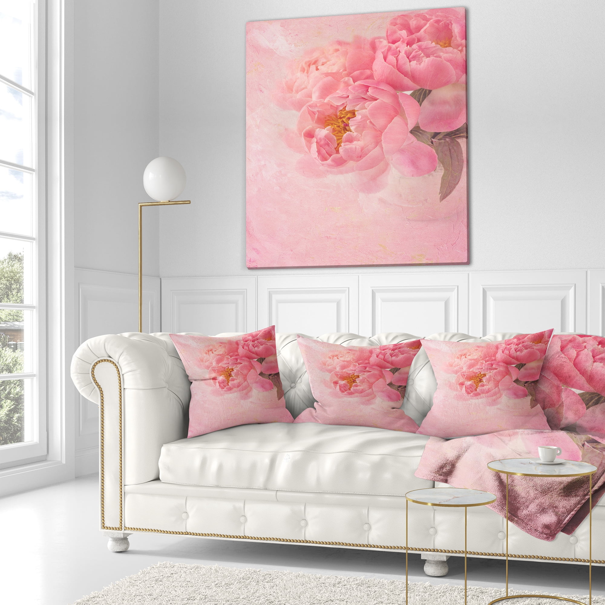 Designart Peony Flowers on Pink Background - Floral Throw Pillow - 16x16