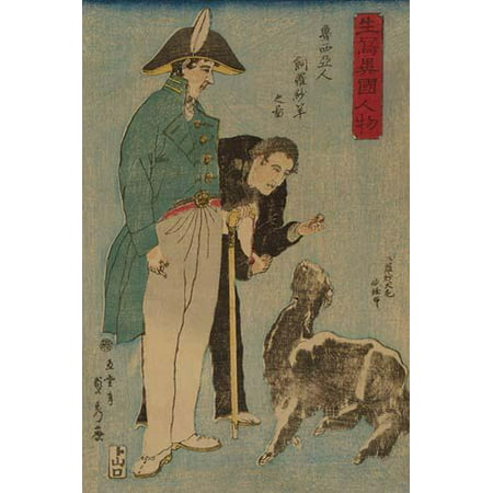 Japanese print shows a Russian military officer and another man feeding a goat  From series entitled Ikiutsushi ikoku jinbutsu in 1860 Poster Print by Sadahide (Best Show Goat Feed)