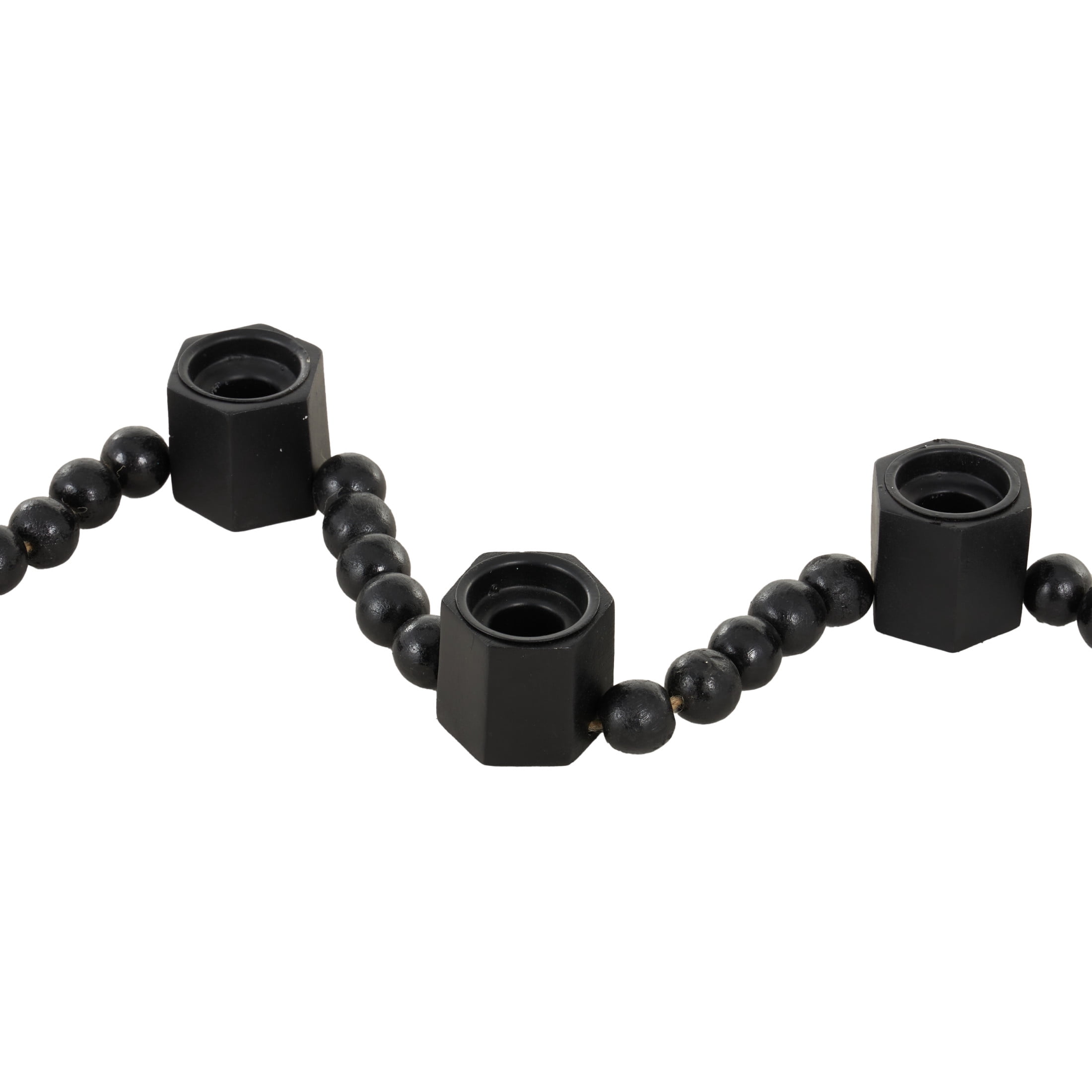 DecMode 5 Candle Black Mango Wood Hexagon Garland Candle Holder with Brown Tassel