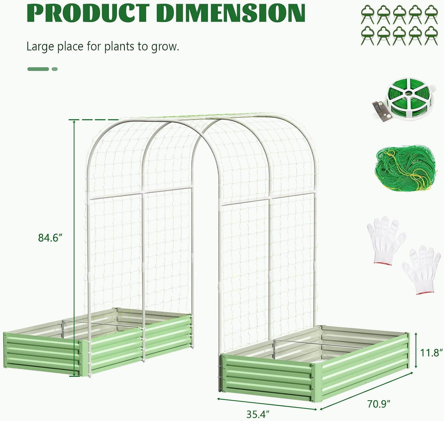 Slsy 3 in 1 Galvanized Raised Garden Bed with 87in Tall Arch Trellis for Climbing Plants, Galvanized Planter Garden Box Outdoor for Gardening,Green