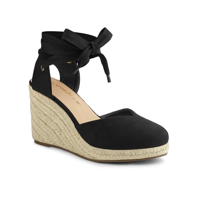 BLISSFUL STEP Chaussures pour Femmes Sandales Espadrilles à Talon Compensé Haut Bout Rond Noir 7