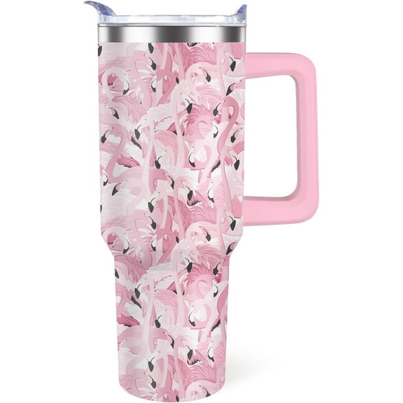 Flamingo Tumbler with Handle Pink Flamingo Gifts for Women 40oz Flamingo Cup Stainless Steel Water Bottle Insulated Travel Coffee Mug with Lid and Straw