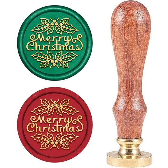 Merry Christmas Sealing Wax Stamp Holly Leaf X'Mas Eve Wax Seal Stamp Head with Wooden Handle for DIY Christmas Invitations Envelope Cards Gift Decoration