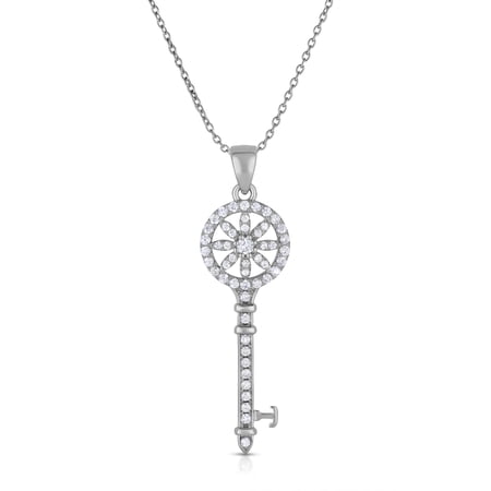 Tilo Jewelry Solid 925 Sterling Silver Petals Pave Key Pendant Charm Necklace with Cubic Zirconia CZ Stones for Women & Unisex | Adjustable 16 Inch to 18 Inch Cable Chain