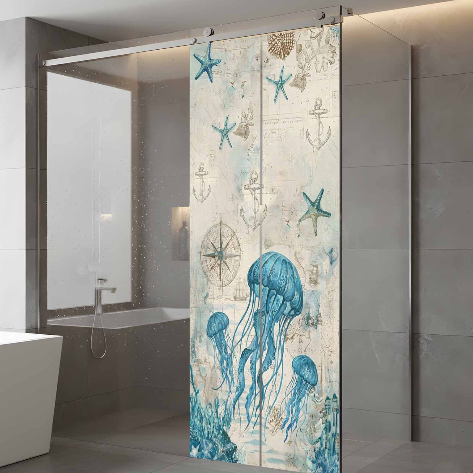 Nautical Teal Jellyfish Window Privacy Film, Ocean Corals Compass Vintage Brown Map Frosted Glass Window Clings Static Cling UV Heat Blocking Reusable Door Sticker for Bathroom 23.6 x 59 Inch