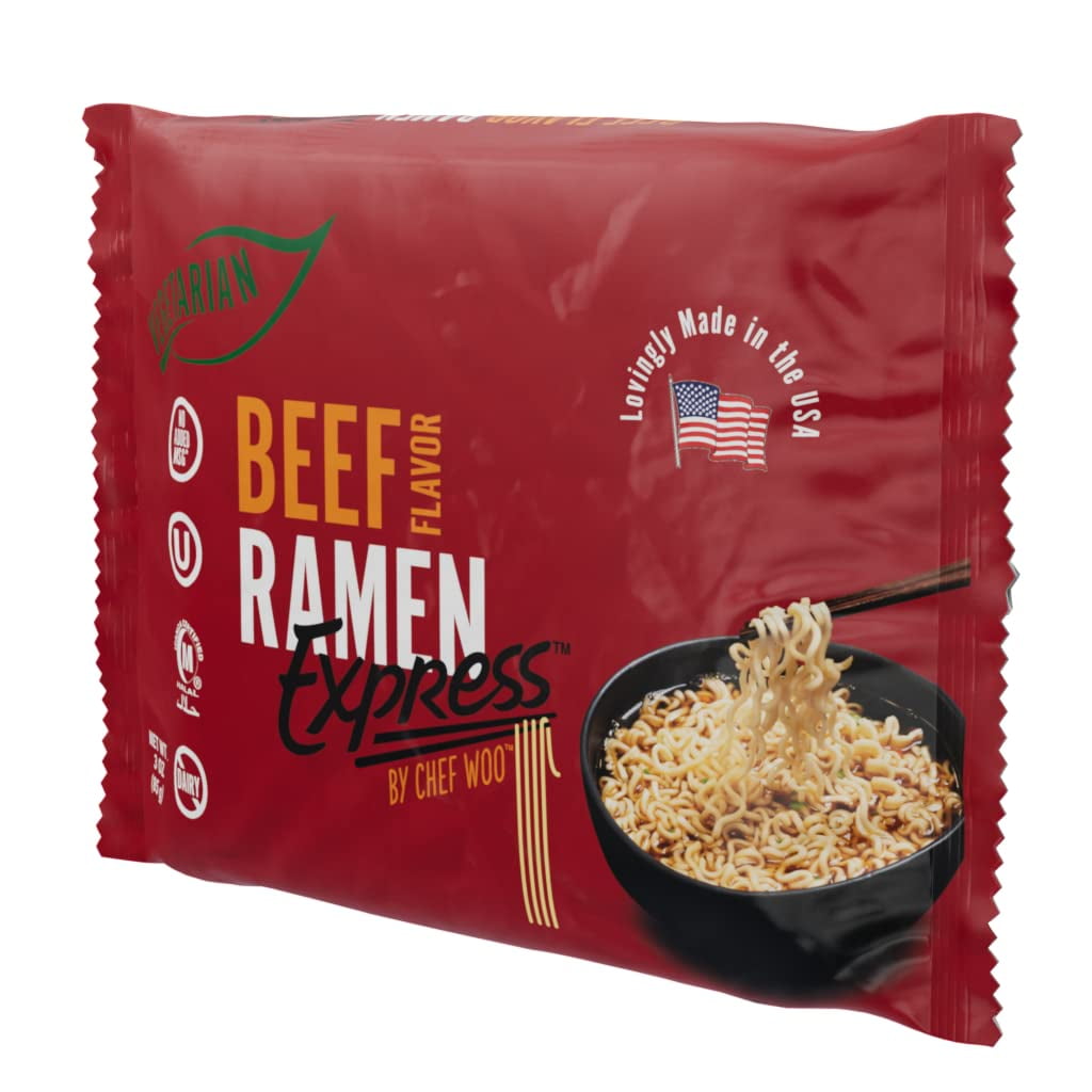 Ramen Express Beef Flavor Ramen Noodle by Chef Woo, Vegan, Halal, Kosher, 3 oz