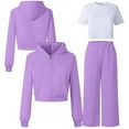 thumbnail image 3 of Trupants Girls Purple 3-Piece Sporty Outfit Set - 100% Polyester Quick-Dry Hoodie + T-Shirt + Pants, Easy Care Casual Kids Activewear for 4-12 Years,Size 9-10T, 3 of 4