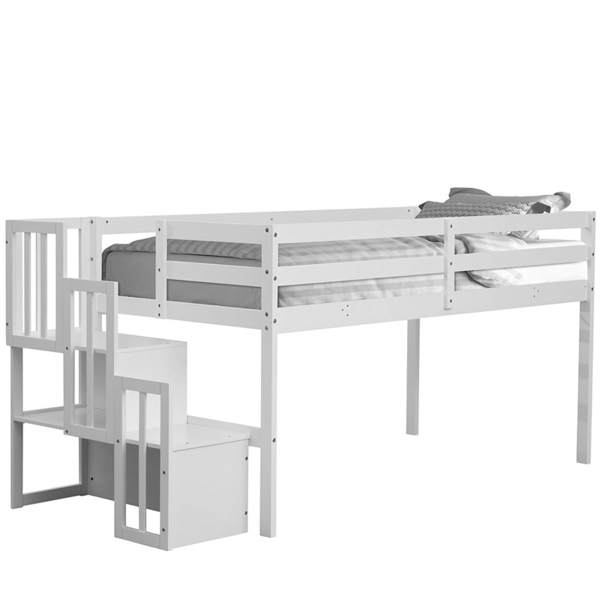 Lowestbest-Staircase Loft Bed with Stairs Storages, Twin Size Solid Wood Bunk Bed for Kids, White Lowestbest-Staircase Loft Bed with Stairs Storages, Twin Size Solid Wood Bunk Bed for Kids, White