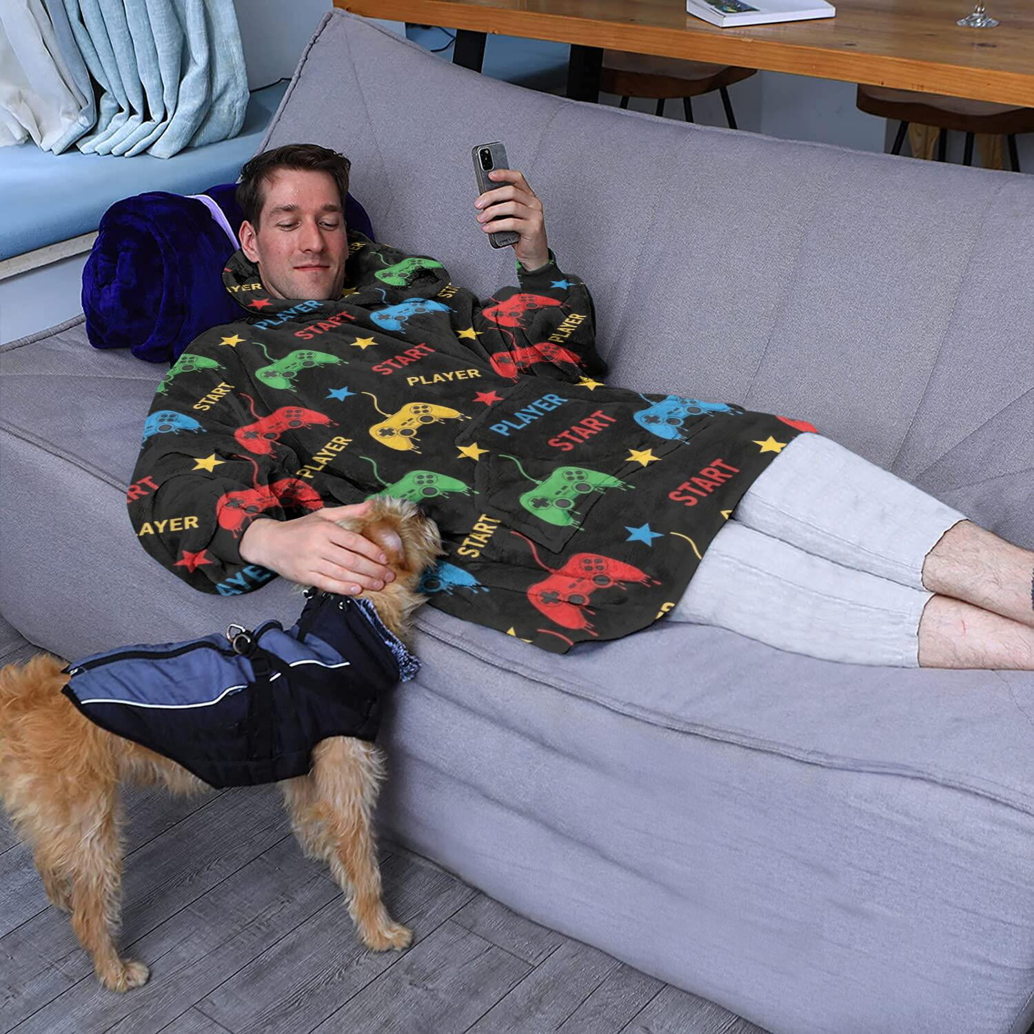 Wearable Oversized Blanket,Multicolor Controllers Games Icons Black Pattern Wearable Blanket Hoodie for Adults,Cozy Hooded Blankets with Super Pockets,Super Warm Fuzzy Pullover for Women & Men