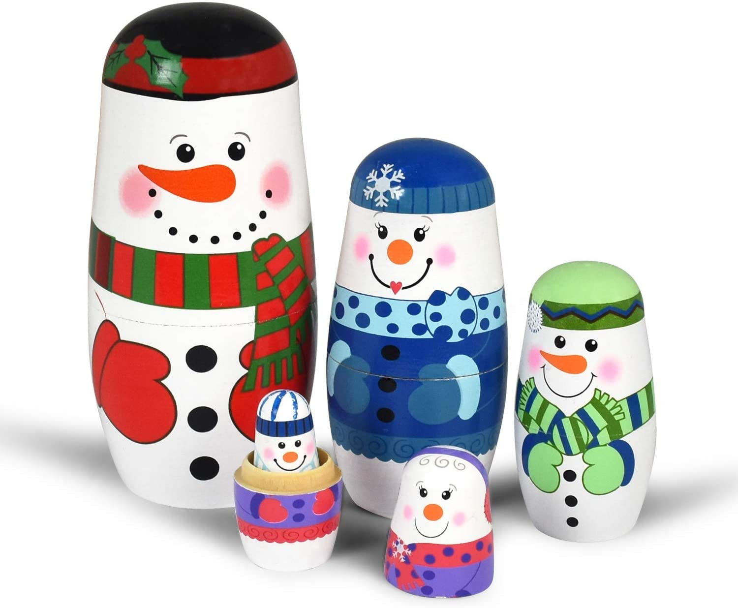 5 Pack Christmas Snowman Wood Hand Painted RUSSIAN Nesting Doll Collection Toy 