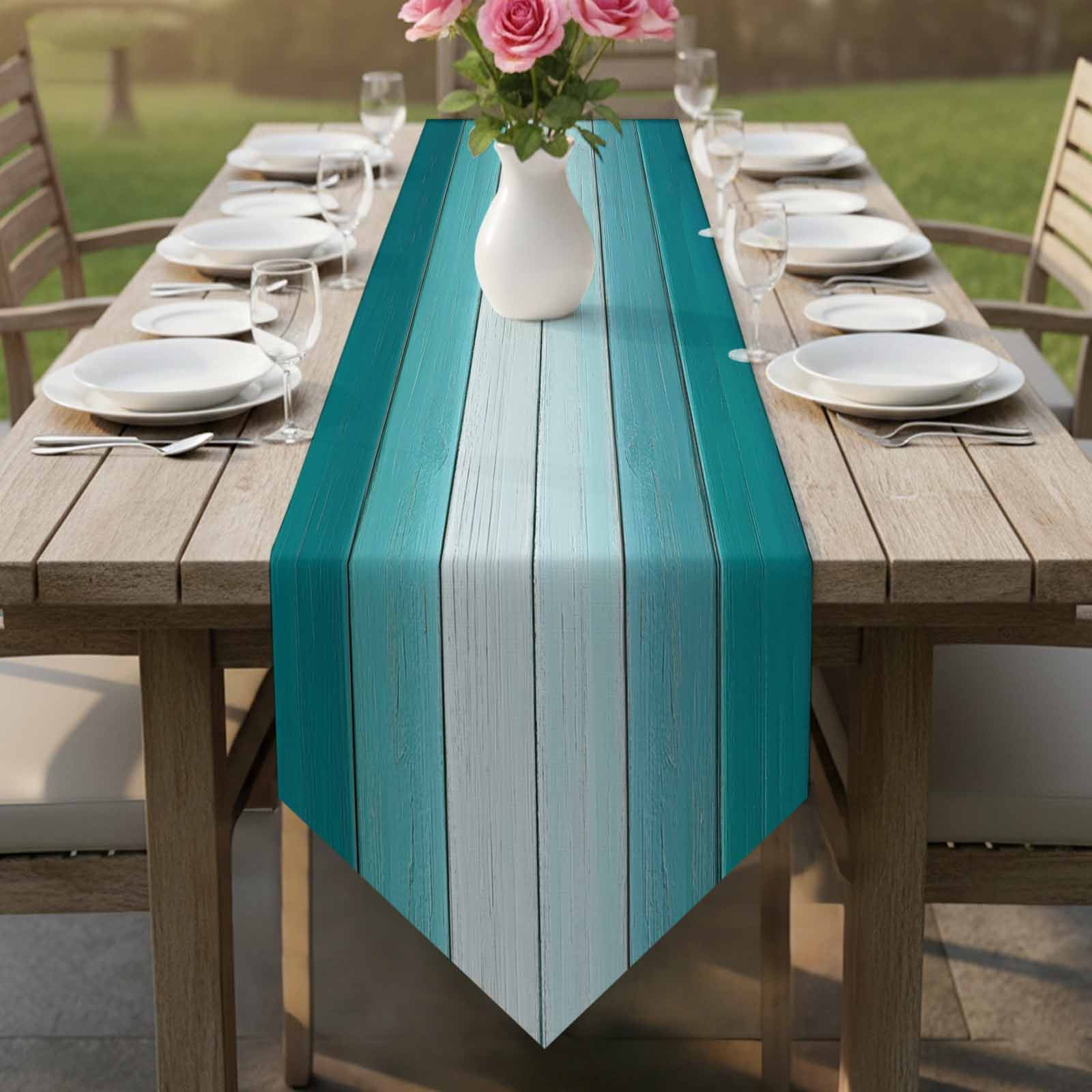 Aqua Ombre Table Runner Linen Burlap Table Runner 90 Inches Long Vintage Country Wooden Dresser Scarves for Kitchen Island Coffee Dining Room Party Wedding Banquet Holiday Decoration 13"x90"