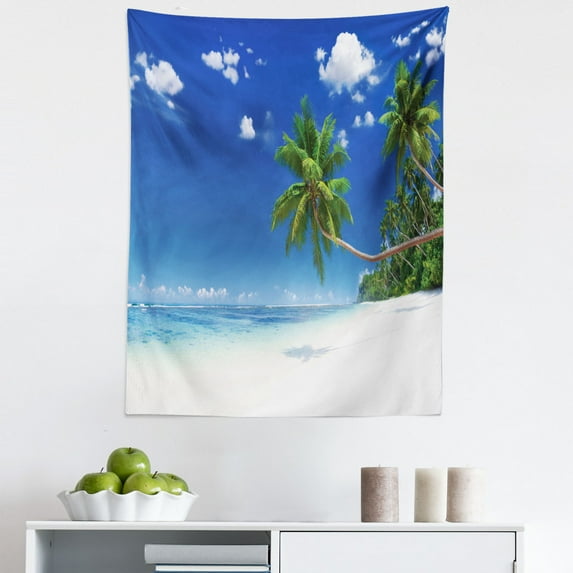 Coastal Tapestry, Coastline Seascape Lagoon with Palm Leaf and Clouds Freedom Holiday Idyllic, Fabric Wall Hanging Decor for Bedroom Living Room Dorm, 5 Sizes, White Blue Green, by Ambesonne