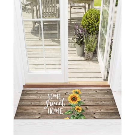 Sweet Home Front Door Mat Sunflower Vintage Rustic Brown Stripe Wood Board Welcome Doormat Indoor Outdoor Entrance Floor Mat Non-Slip Washable Runner Rug for Front Porch Decor 20x63 Inch