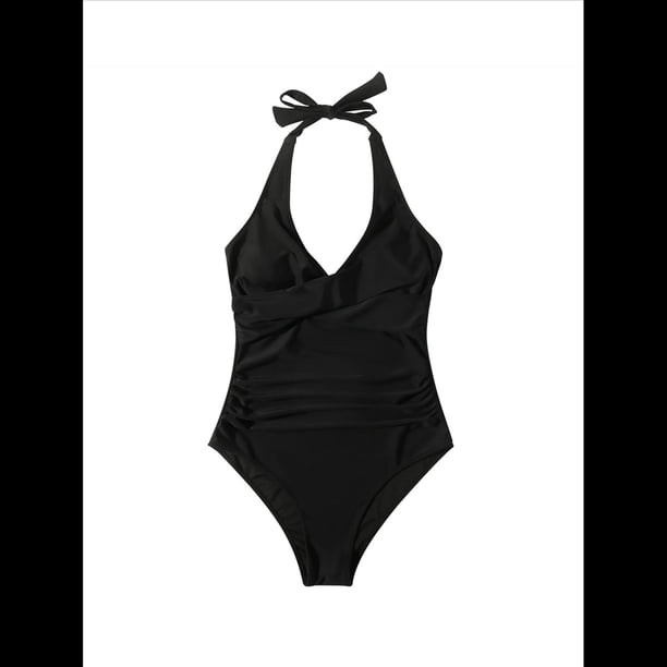 Trajes de Baño de una Pieza con Control de Abdomen para Mujer, Trajes de Baño Push Up con Cuello Halter Negro S