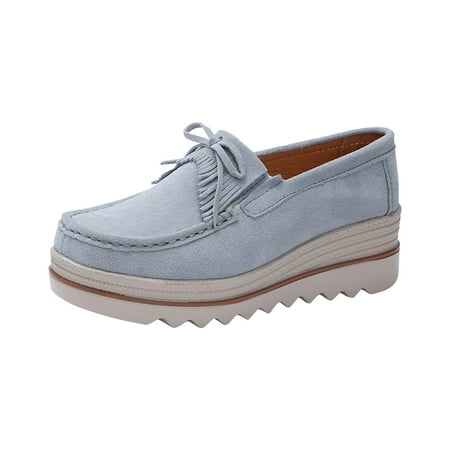 hopeusnice Clearance Women s Suede Loafers Slip On Wedge Platform Shoes Comfortable Breathable Bowknot Tassel Flatform Walking Shoes Gray 38