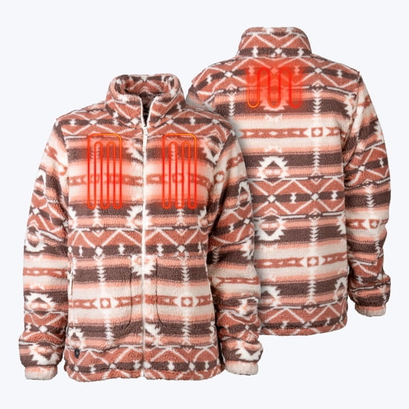 Mobile Warming Upland Heated Long Jacket for Women, Printed High-Pile Fleece, 3 Heat Zones, Clay Aztec, XS