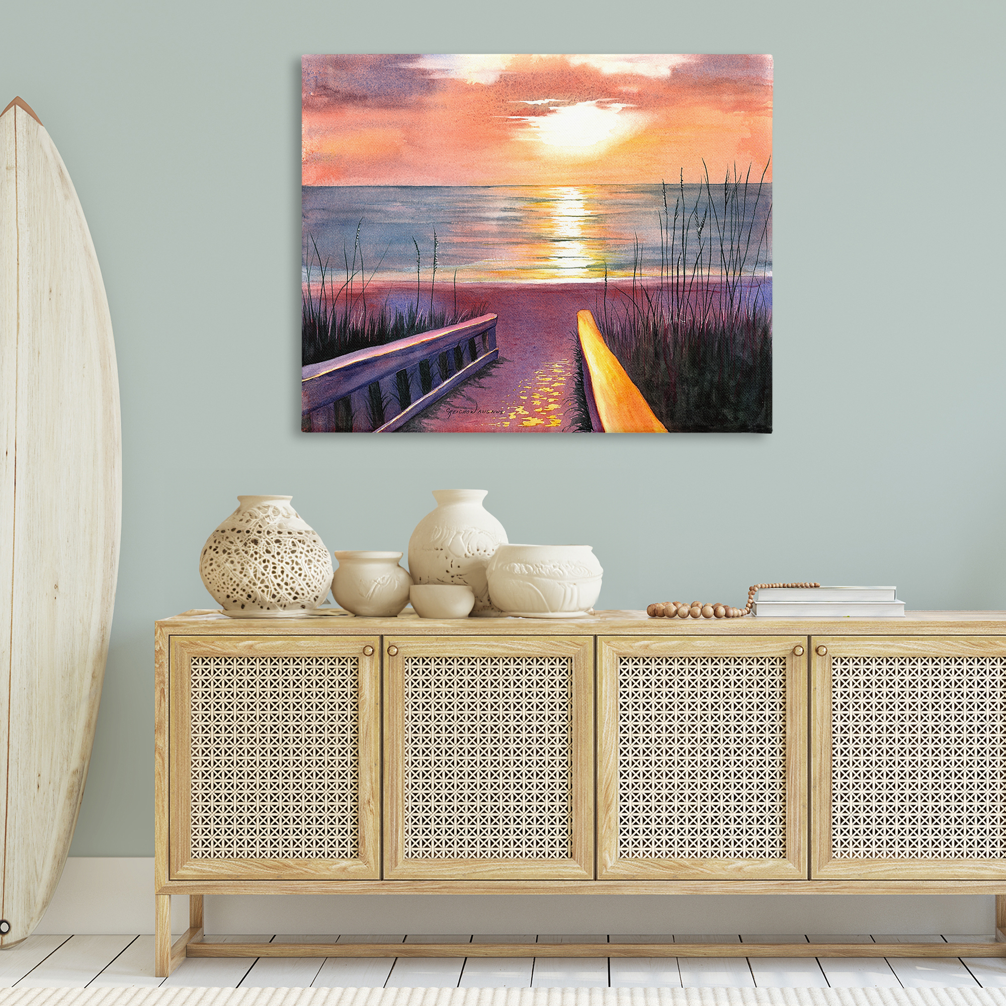 Stupell Industries Sea Sunset Reflection Landscape Painting Gallery Wrapped Canvas Art Print Wall Art, 48 x 36
