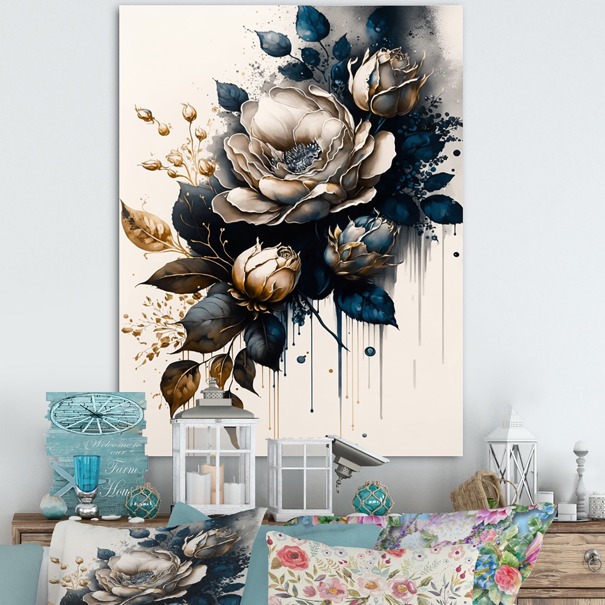Designart Black And White Rose Design I Canvas Wall Art