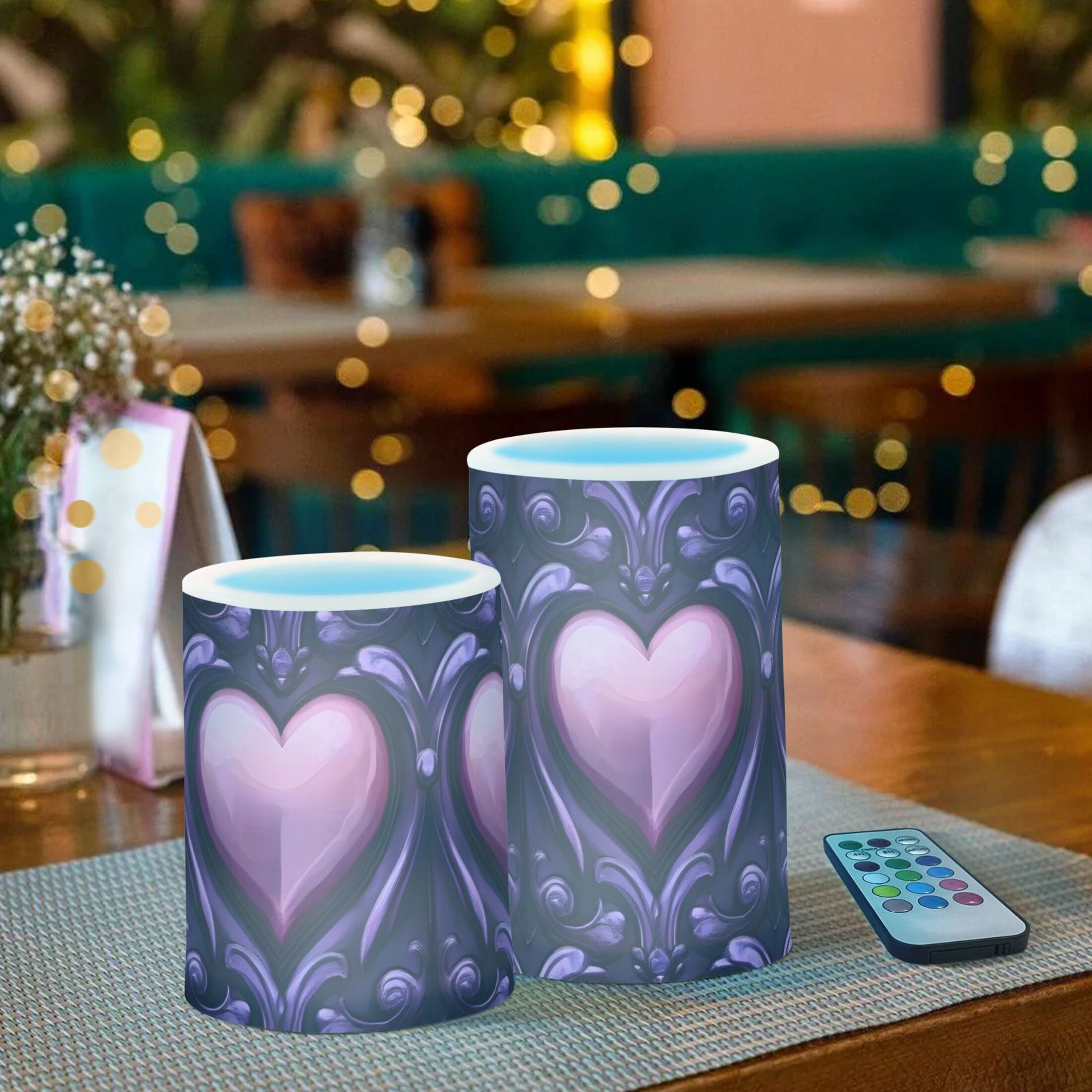 Shining Purple Heart Flickering Flameless Candles Battery Operated with Remote Timer LED Pillar Candles Set of 2