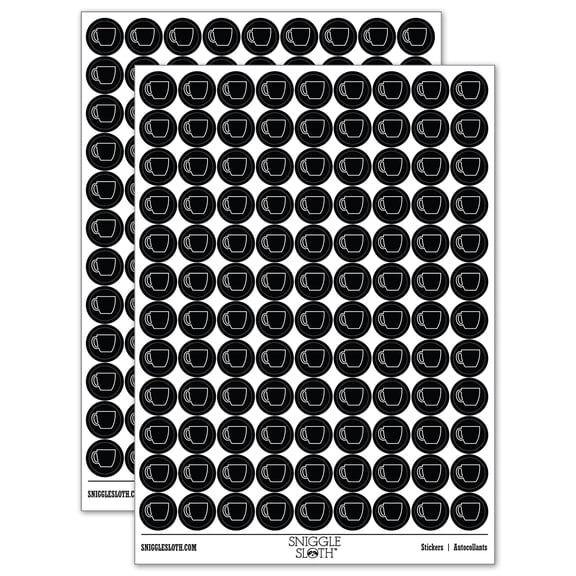 Coffee Mug Cup Outline 200 Round Stickers - Black - Gloss Finish - 0.50" Size